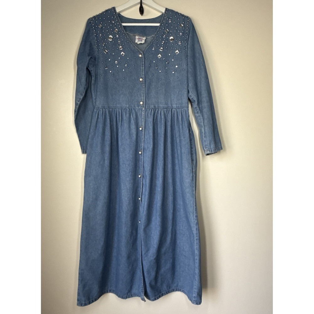 Vintage‎ Nu Dimension Denim Maxi Dress Western Cowgirl Prairie OS Rhinestones